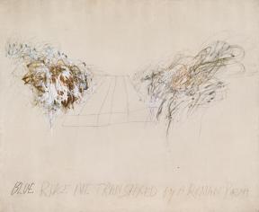 A an abstract artwork with both painted and drawn features and the words "Blue Ridge Mr. Transfixed by a Roman Piazza." 