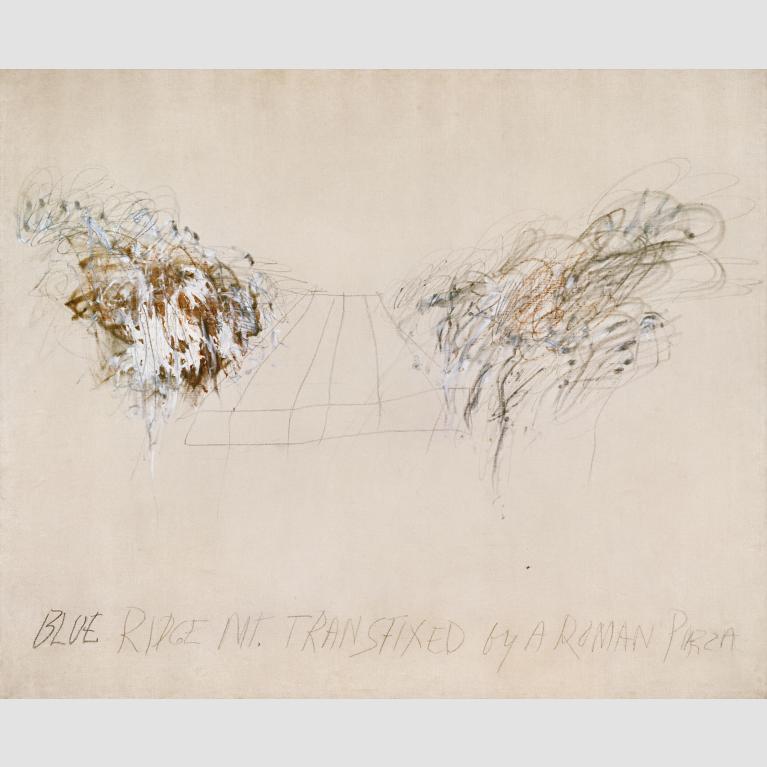 A an abstract artwork with both painted and drawn features and the words "Blue Ridge Mr. Transfixed by a Roman Piazza." 