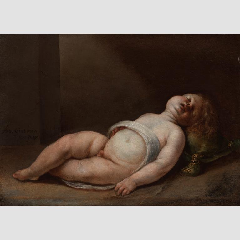 A painting of Christ as a child sleeping with just a thin white cloth wrapped around his waist. 