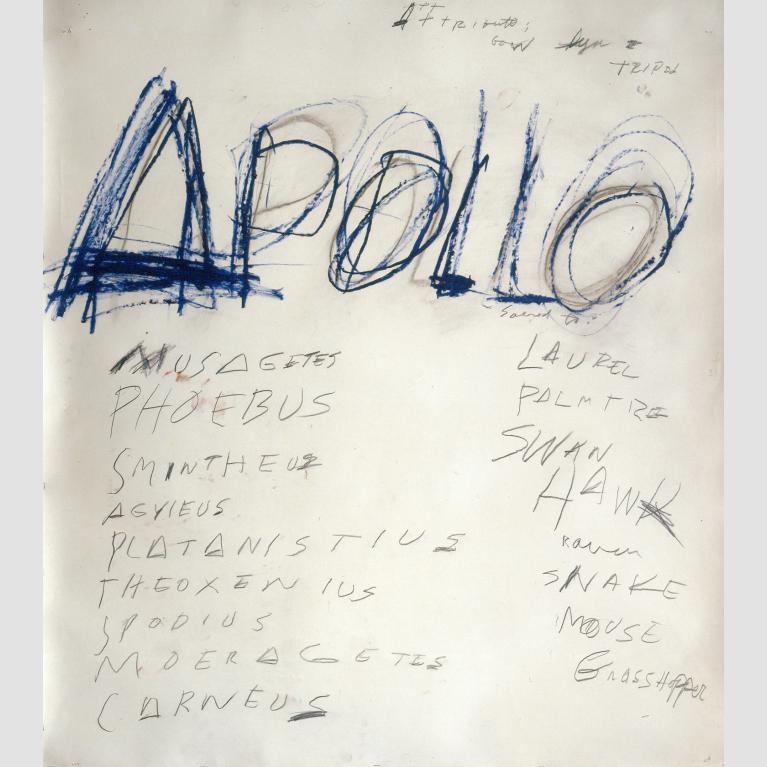 The word "Apollo" written in blue on a paper with a list of various other words in crude handwriting.