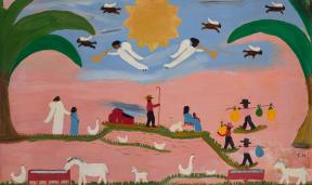 A painting of seven angels flying around the sun with two palm trees and people and animals moseying on the ground.