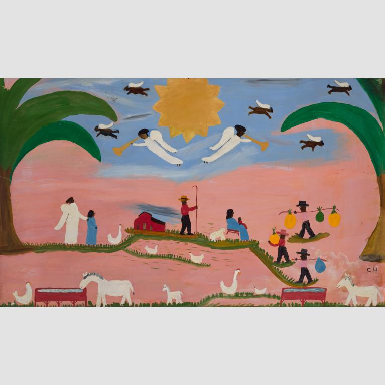 A painting of seven angels flying around the sun with two palm trees and people and animals moseying on the ground.