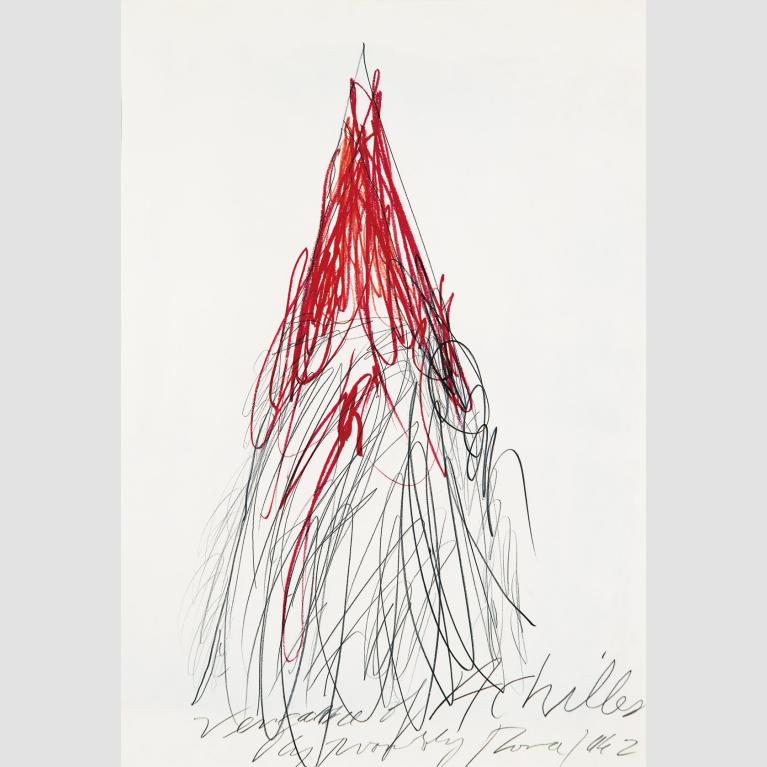 Red and black scribbles in the shape of a mountain with the words at the bottom of the work, including "Vengeance of Achilles" and "Cy Twombly." 