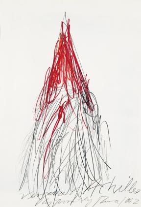 Red and black scribbles in the shape of a mountain with the words at the bottom of the work, including "Vengeance of Achilles" and "Cy Twombly." 