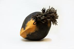 Orange black cemetery soil is molded into a mango shape and punctured with real human hair.