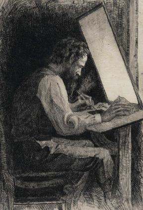An etching of a man, Peter Moran, working on an etching at his desk next to a fire. 