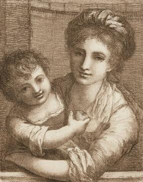 An etched drawing of a mother holding her young child.