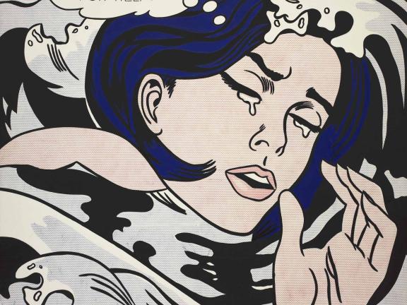 A close up print of a crying young woman in a body of water with the speech bubble "I don't care! I'd rather sink than call Brad for help!"