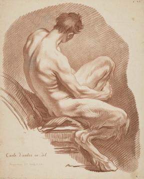 A crayon drawing of a hunched over, seated satyr. 