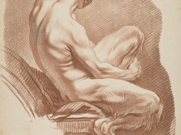 A crayon drawing of a hunched over, seated satyr. 