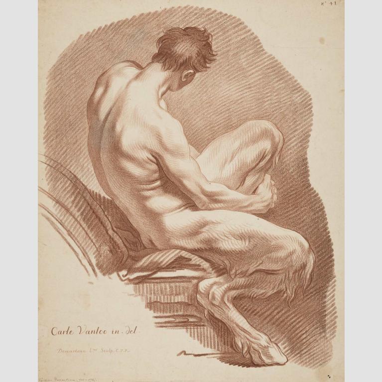 A crayon drawing of a hunched over, seated satyr. 