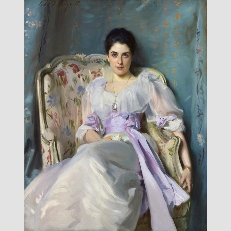 A painting of a woman, Lady Agnew, wearing a purple ruffled dress and ornate necklace sitting in a floral chair against a blue background.