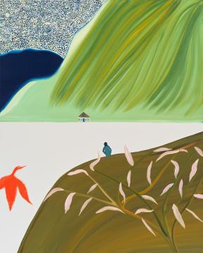 a small, dark figure sits on a hillside and stares off in the distance at a house in front of a large green mountain that scales upward and out of frame.