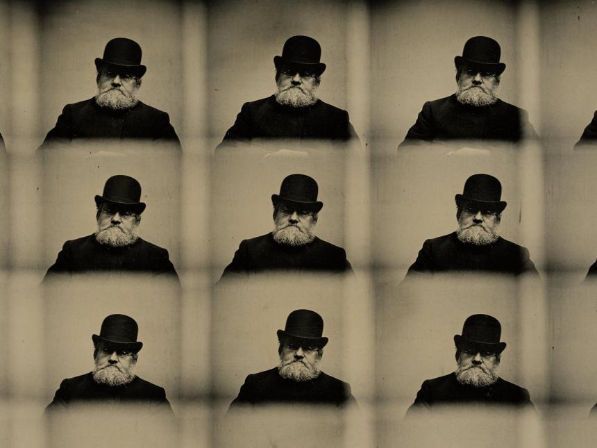 A repeated composite photo of a man in a black coat and black top hat.