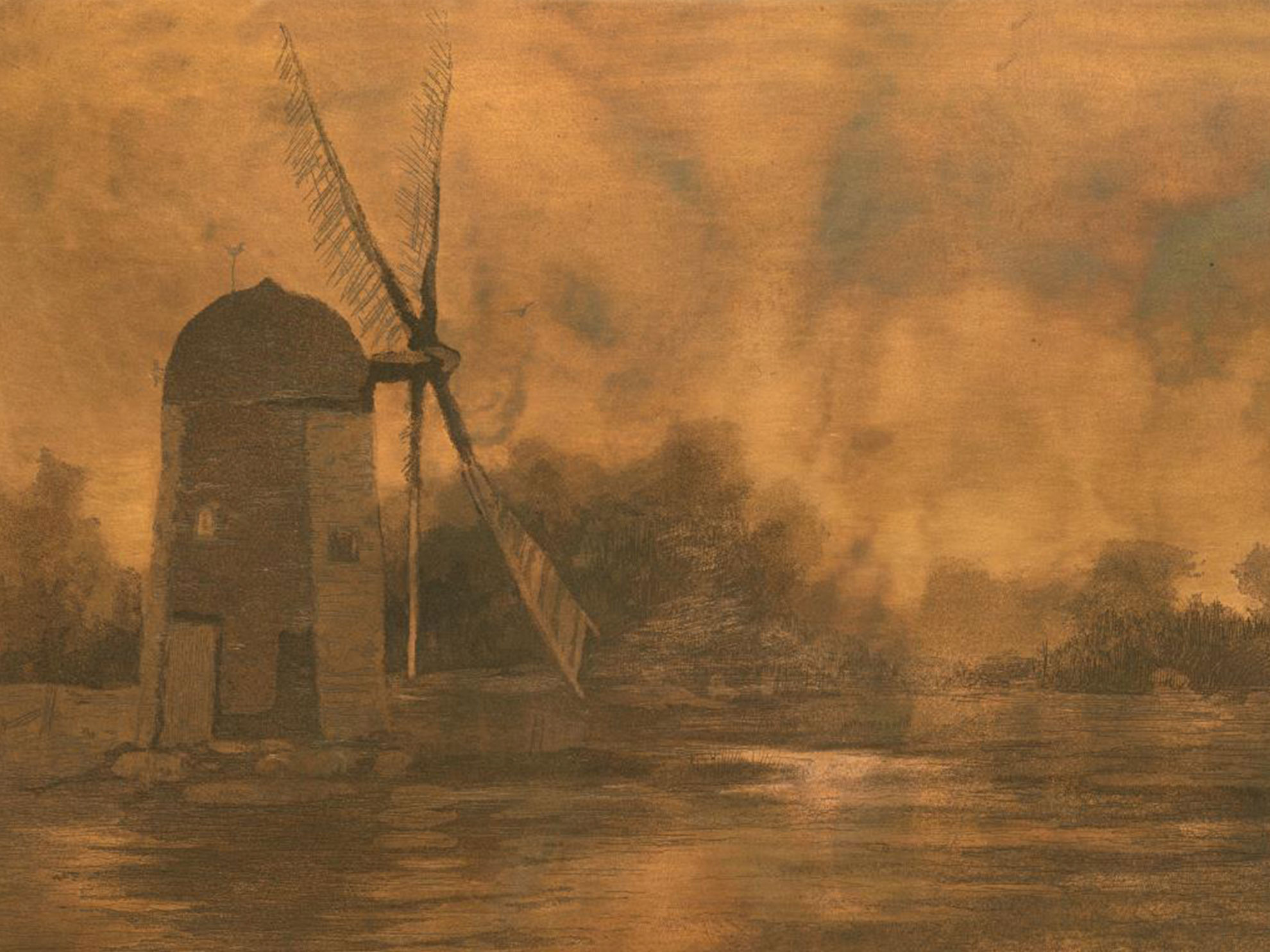 An orange etching of a windmill in front of a body of water.