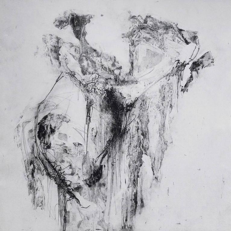 A black abstract etching against a gray background.