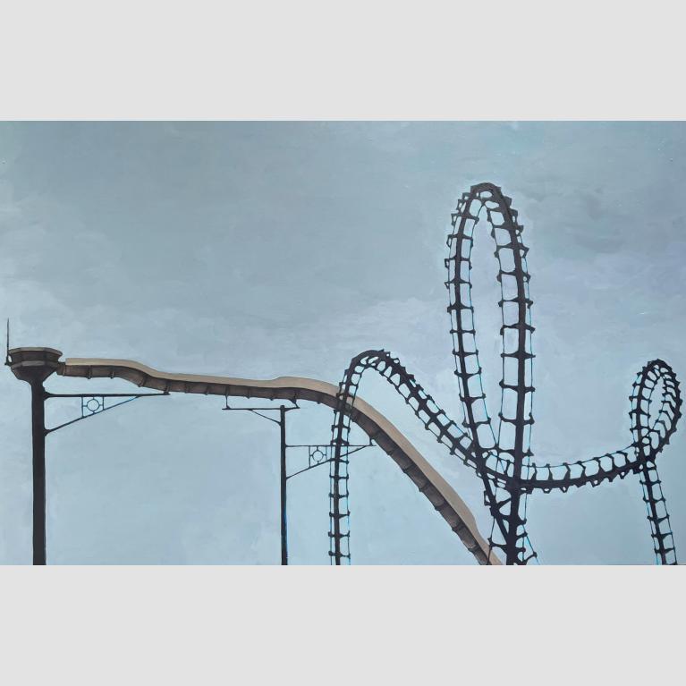 A painting of a swirling rollercoaster against a pale blue sky.