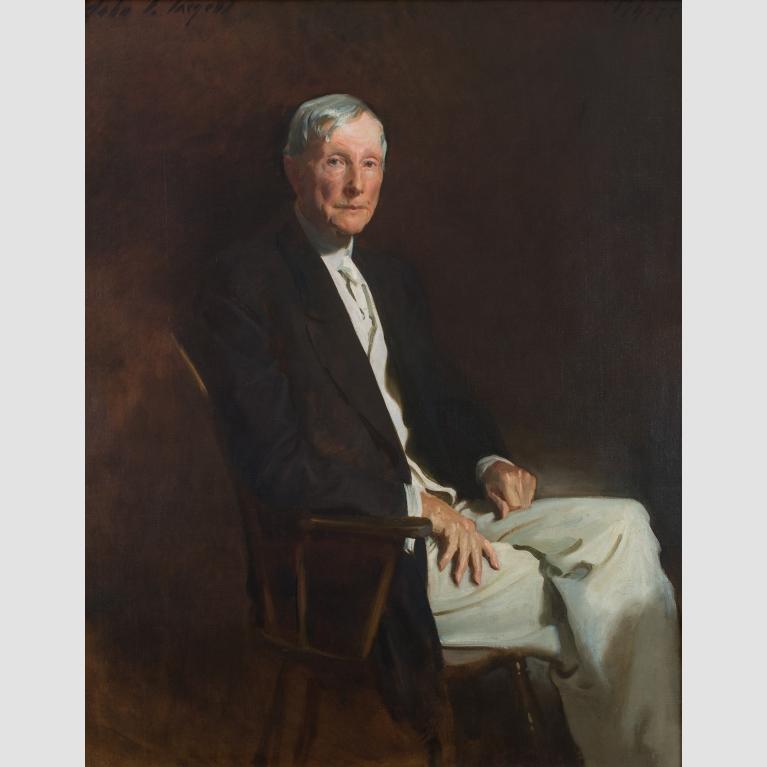 A seated portrait of John D. Rockefeller. 