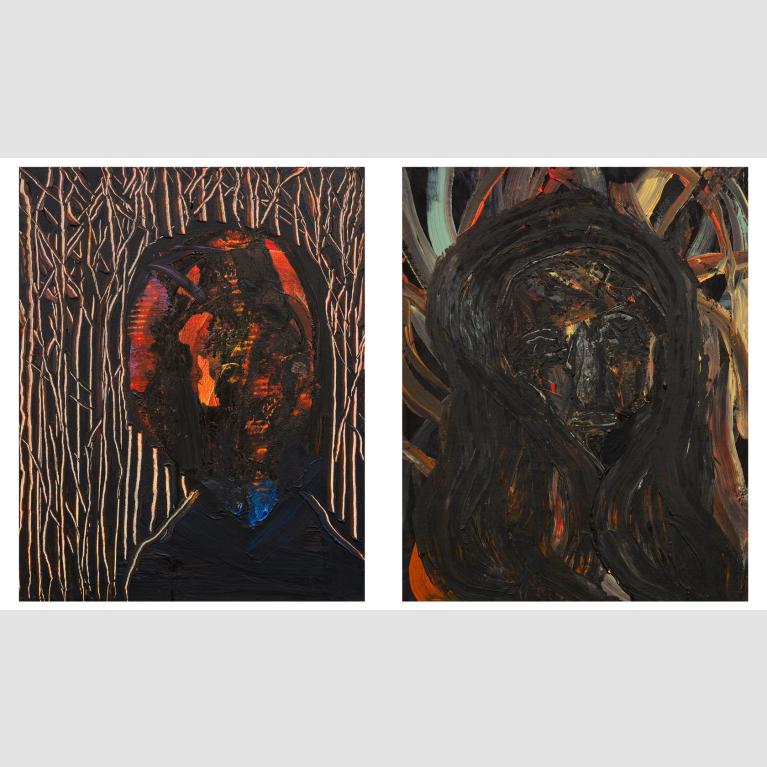 A diptych of two portraits with obstructed faces. 