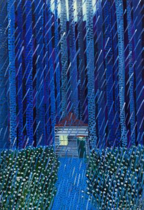 A small house at the end of a path in the woods sits under the falling rain and the glow of the moon.