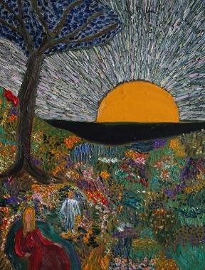 A mother and child walk in a field covered with flowers. 