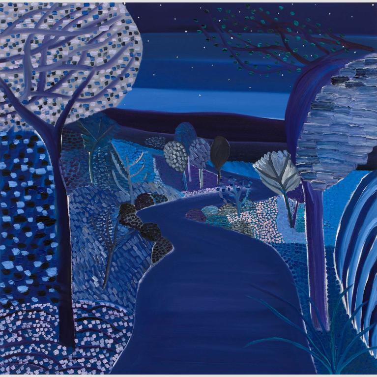 A path winds through a forest under the blue light of night. 