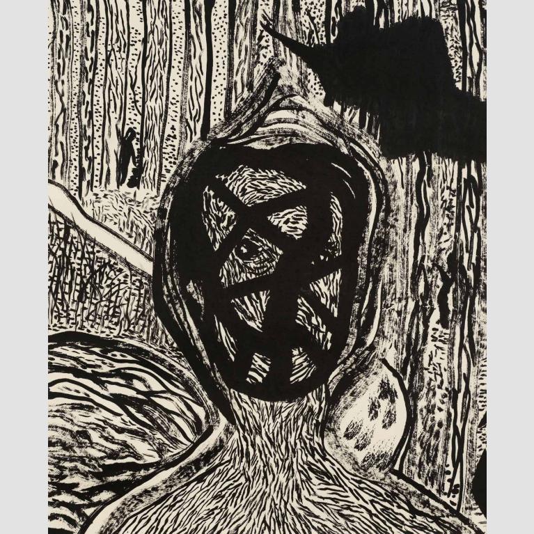 A black-and-white portrait drawing with black lines across the subject's face; set against a forest backdrop.