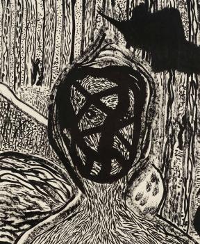 A black-and-white portrait drawing with black lines across the subject's face; set against a forest backdrop.