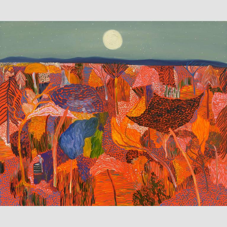A bright orange forest under the glow of a full moon. 
