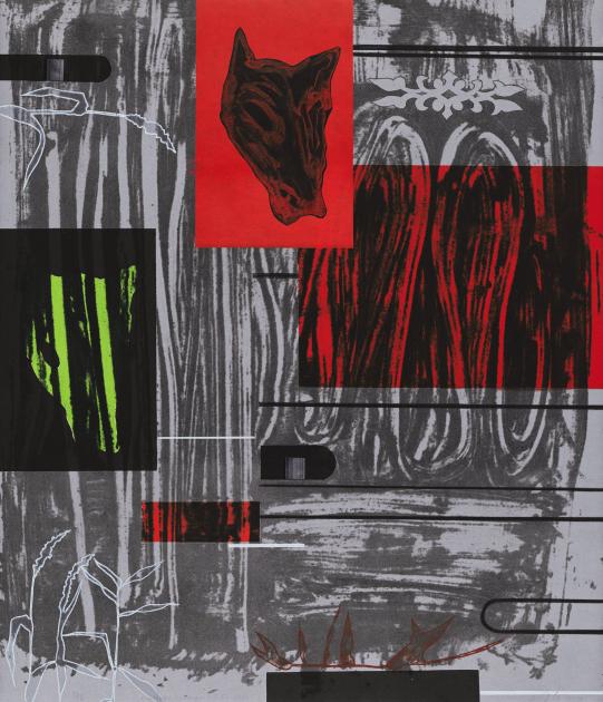 A gray, black, red, and green screenprint with repeated patterns of a wolf's head and plants. 