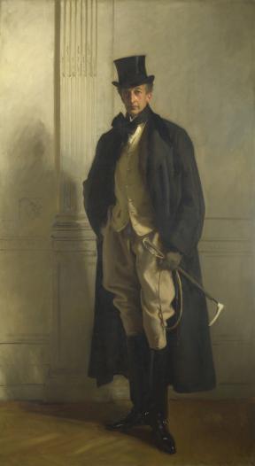 A portrait of a man, Lord Ribblesdale, standing in a suit, overcoat, boots, top hat, and holding a cane in his left hand. 