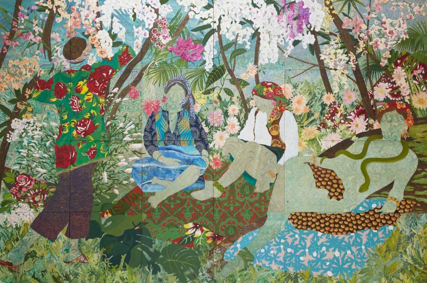 The figures of four women depicted by blue and green marbled paint stand, sit, and lounge in a colorful jungle atmosphere.