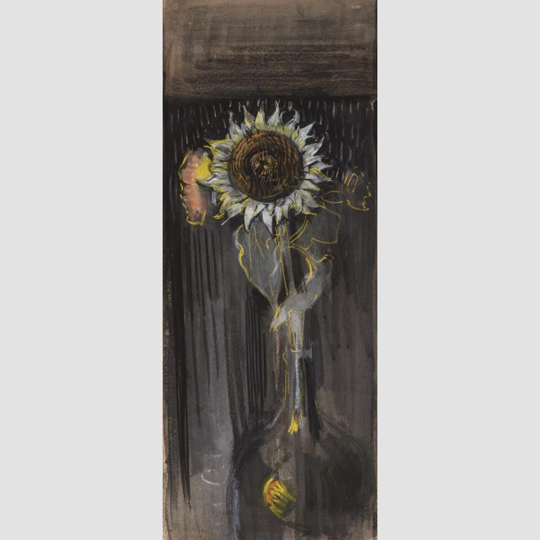 A single sunflower sits in a vase against a dark background.