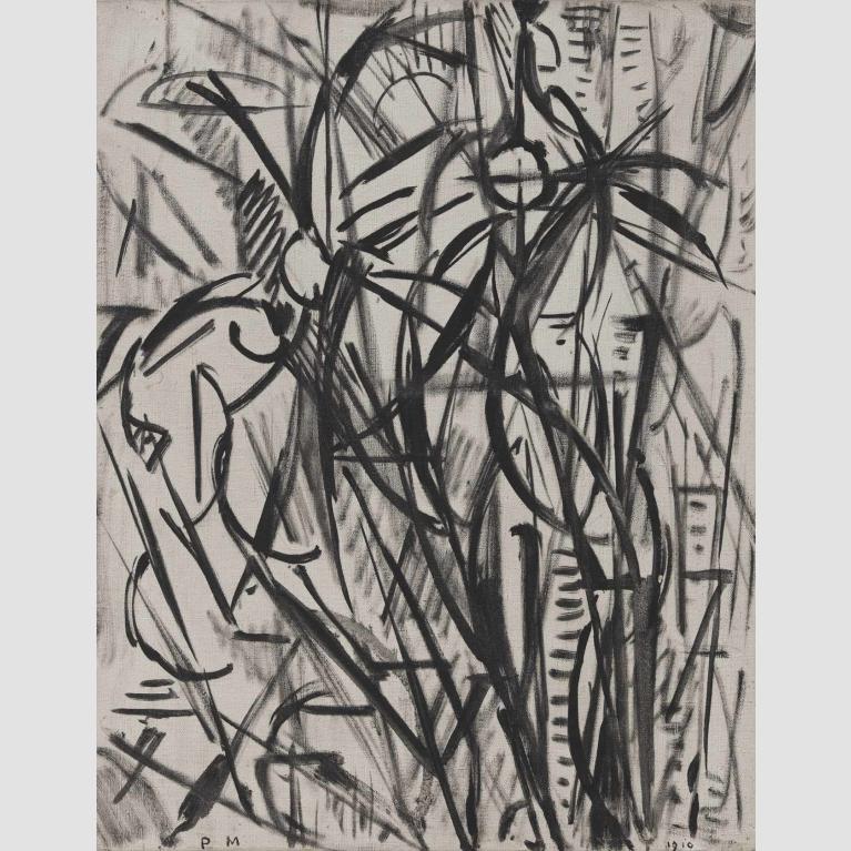 A black-and-white geometrically abstract painting of a eucalyptus tree.