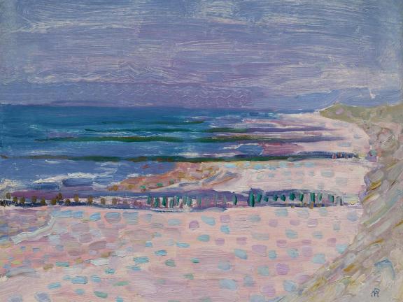 An impressionist painting of an empty beach with five piers below a purple sky. 