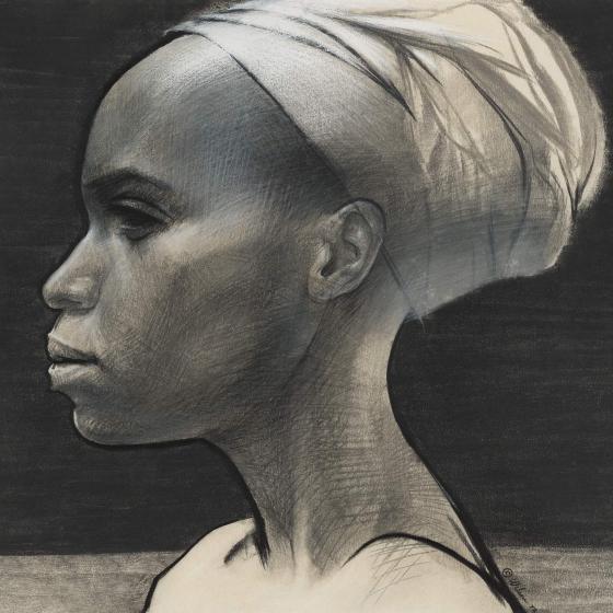 A charcoal drawing of the profile of a woman in a headscarf. 