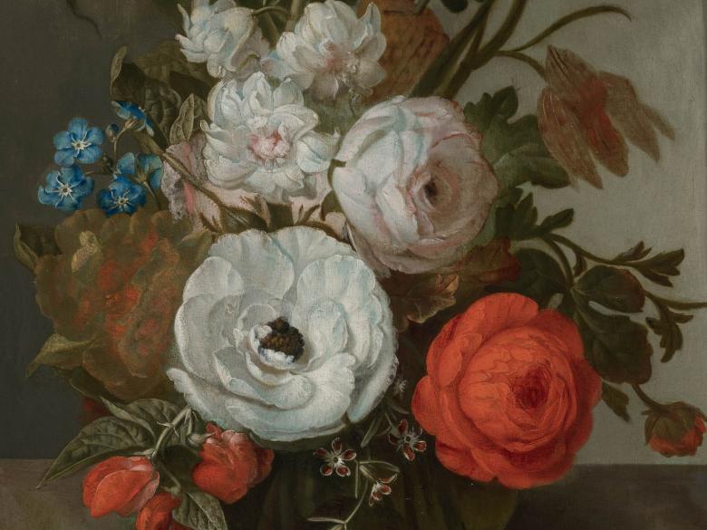 An oil painting of a bouquet of white, red, and blue flowers in a vase on a table.