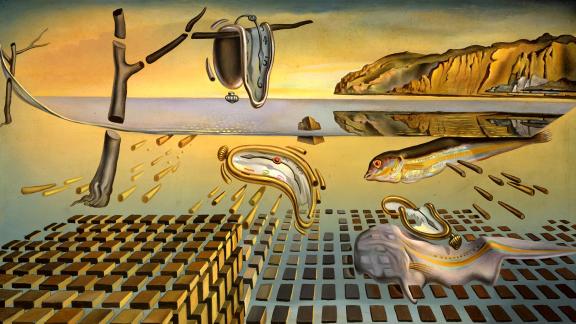 A surrealist painting of floating fish, melted clocks, broken tree branches, bullet-like objects, and a mountain range.