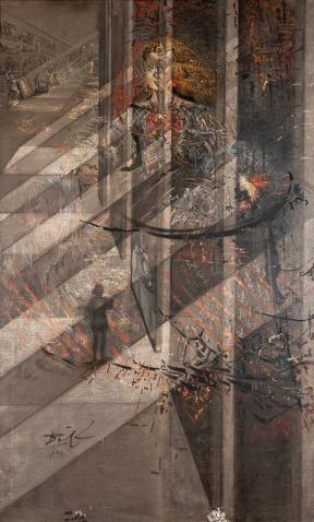 A phantom-like figure of a young girl lingers in a hallway above the dark figure of a painter. 