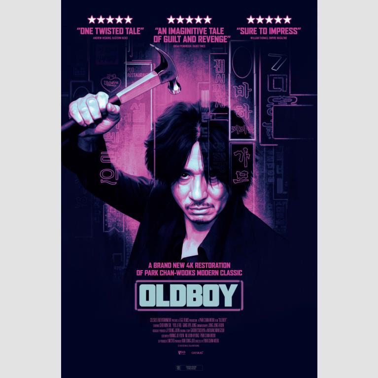A poster for the 2003 film "Oldboy" with the lead character holding a hammer over his head. 