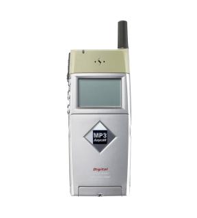 A gray and silver cell phone with small screen on the front and a short antenna.