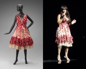 A composite image of a mannequin on the left wearing a red sequin dress and Donna Summer on the right wearing the same dress while performing. 