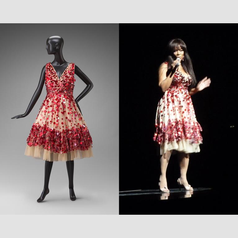 A composite image of a mannequin on the left wearing a red sequin dress and Donna Summer on the right wearing the same dress while performing. 