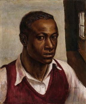 A portrait of a man in a white collared shirt and red sweater vest staring directly ahead.