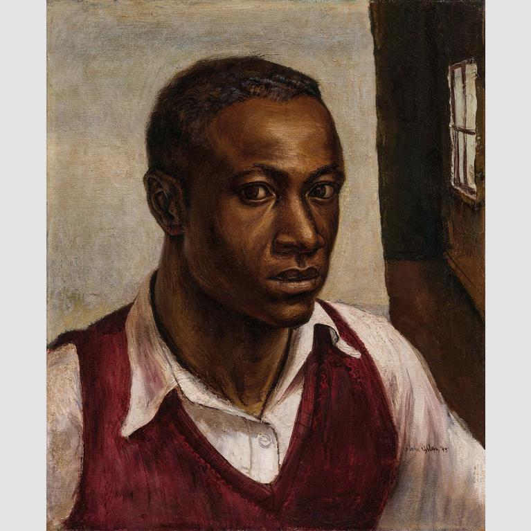 A portrait of a man in a white collared shirt and red sweater vest staring directly ahead.