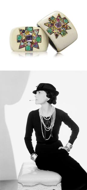 A composite image of two bejeweled wide white cuffs on the top and Coco Chanel wearing the same cuffs in a portrait on the bottom. 