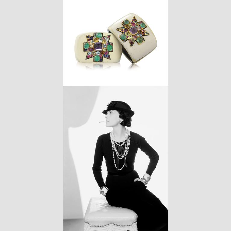 A composite image of two bejeweled wide white cuffs on the top and Coco Chanel wearing the same cuffs in a portrait on the bottom. 