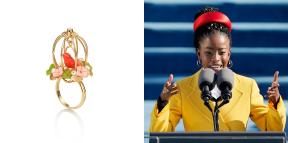 A composite image of a bird cage ring on the left and Amanda Gorman wearing the same ring during the 2020 USA presidential inauguration. 