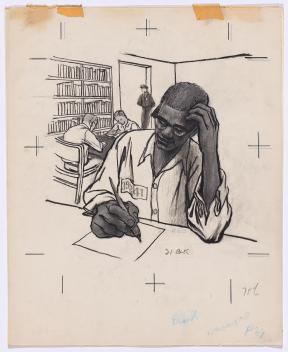 Depicts a young Malcom X studying in a prison library 