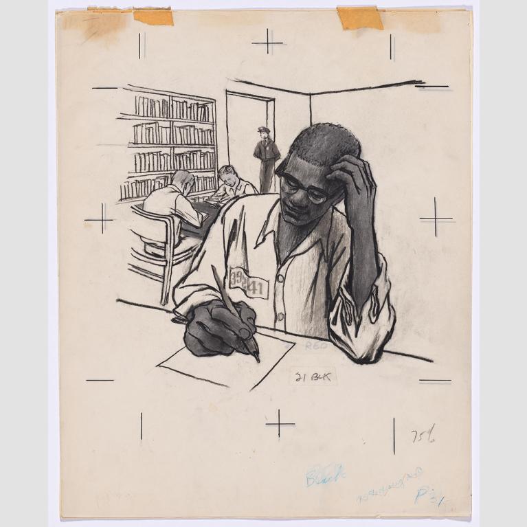 Depicts a young Malcom X studying in a prison library 